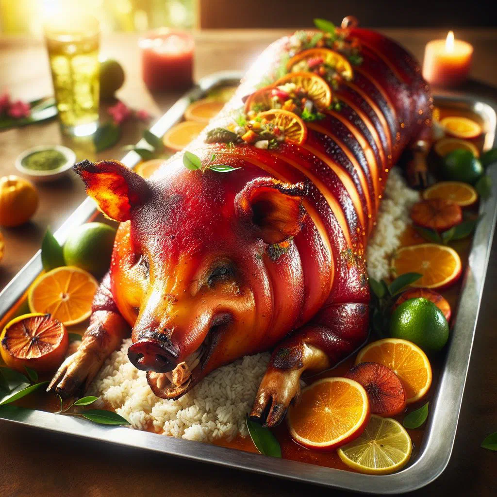 Roasted Panamanian lechona with crisp golden crackling, sliced and ready to serve
