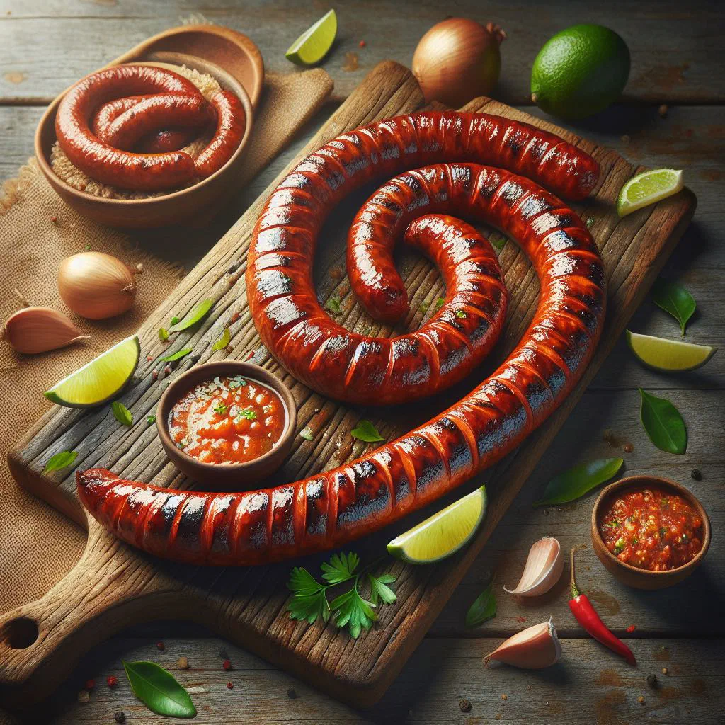 Grilled Longaniza Panameña sausages with lime wedges and fresh coriander