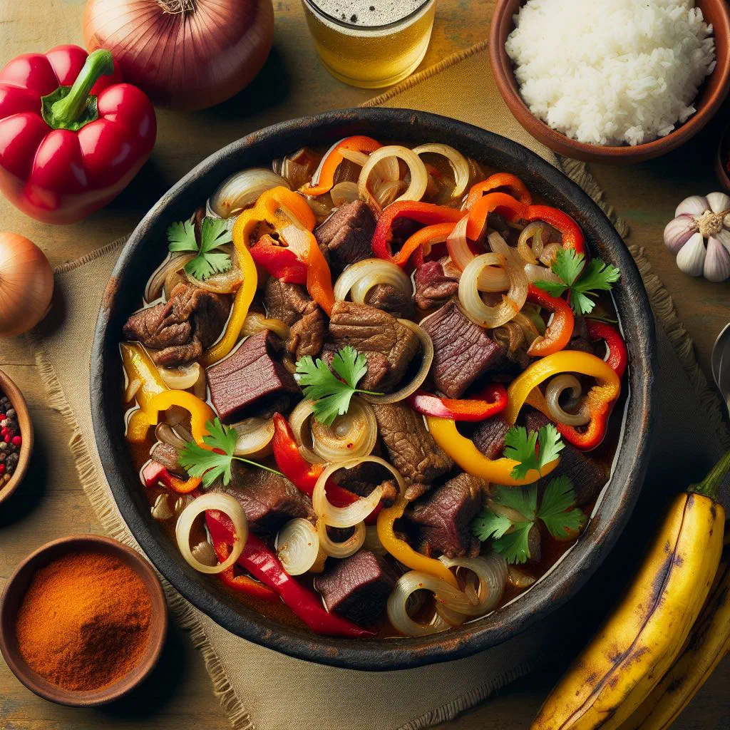 Bowl of Panamanian mondongo tripe and beef stew garnished with fresh coriander
