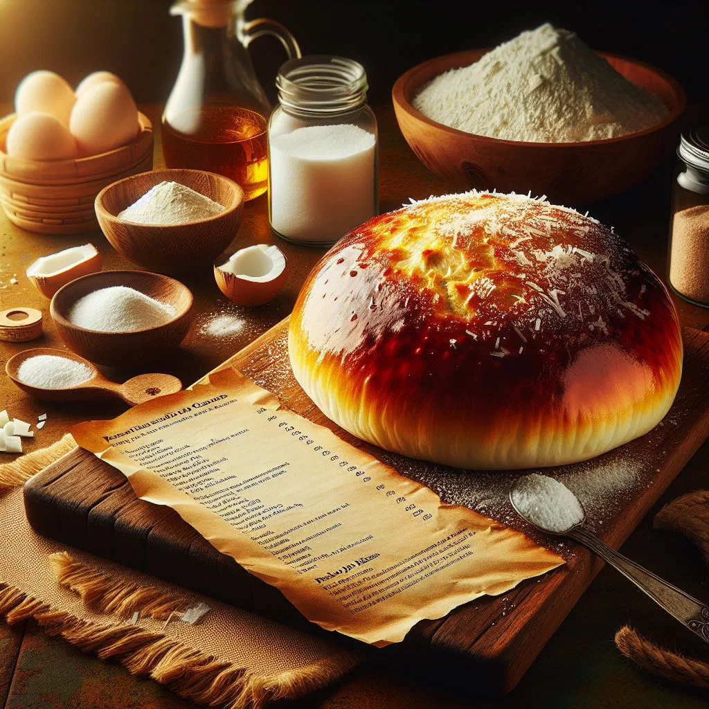 Golden pan de coco coconut bread rolls on a wooden board