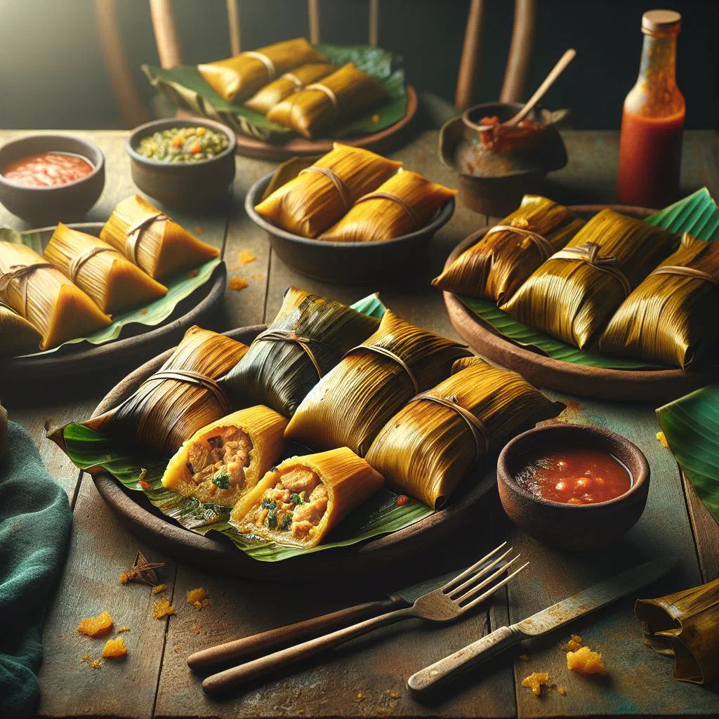 Panamanian tamales wrapped in banana leaves on a plate