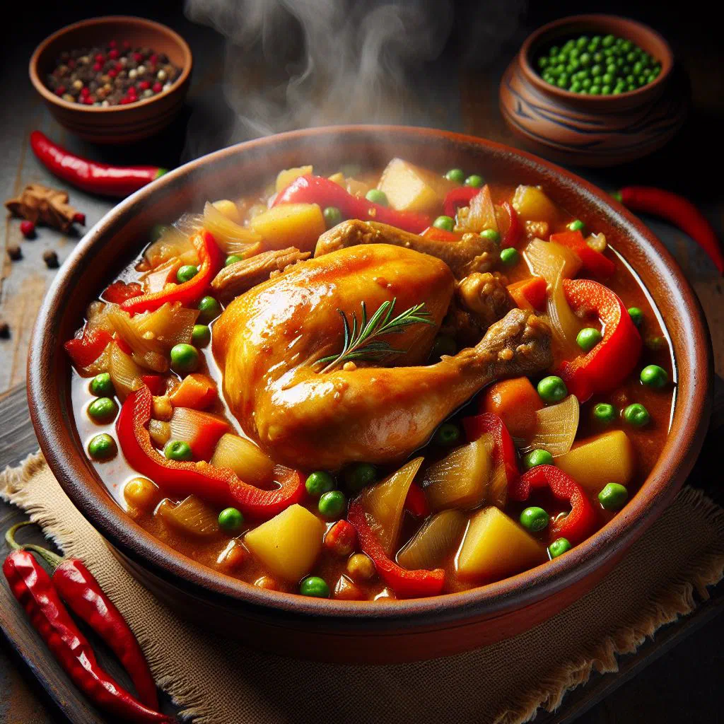 Panamanian pollo guisado, braised chicken in tomato sauce garnished with coriander