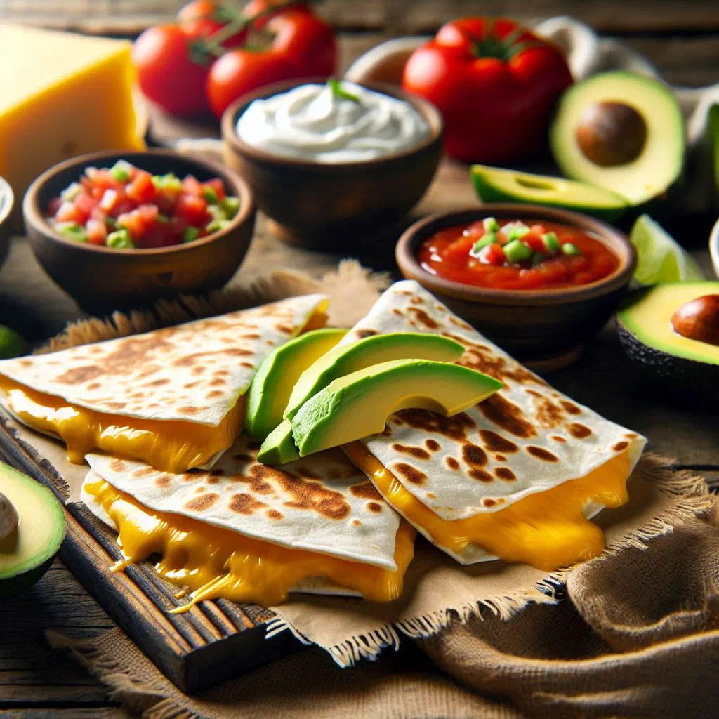 Golden quesadillas cut into wedges with melted cheese filling