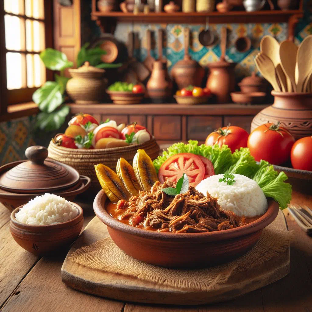 Shredded braised beef ropa vieja in a rich tomato and pepper sauce, garnished with coriander