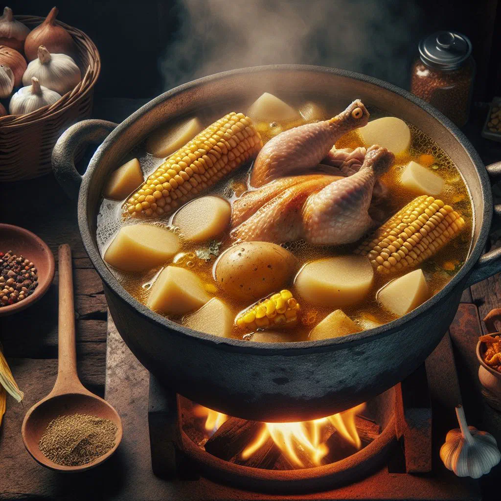 A steaming bowl of Panamanian sancocho de gallina with chicken, potatoes and fresh coriander