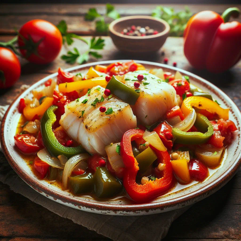Stewed salt cod with tomatoes and peppers in a rich sauce