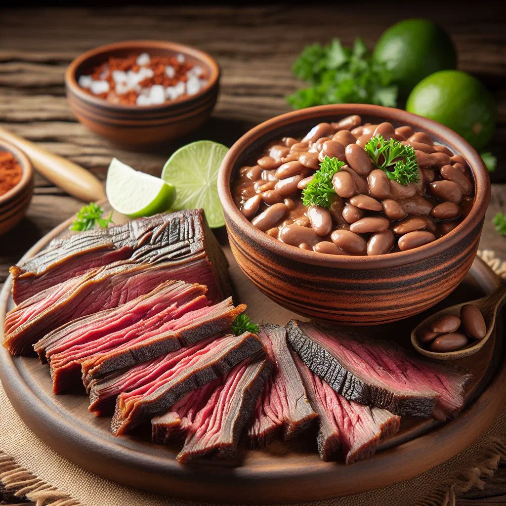 Tasajo con frijoles with tender dried beef and black beans garnished with fresh coriander