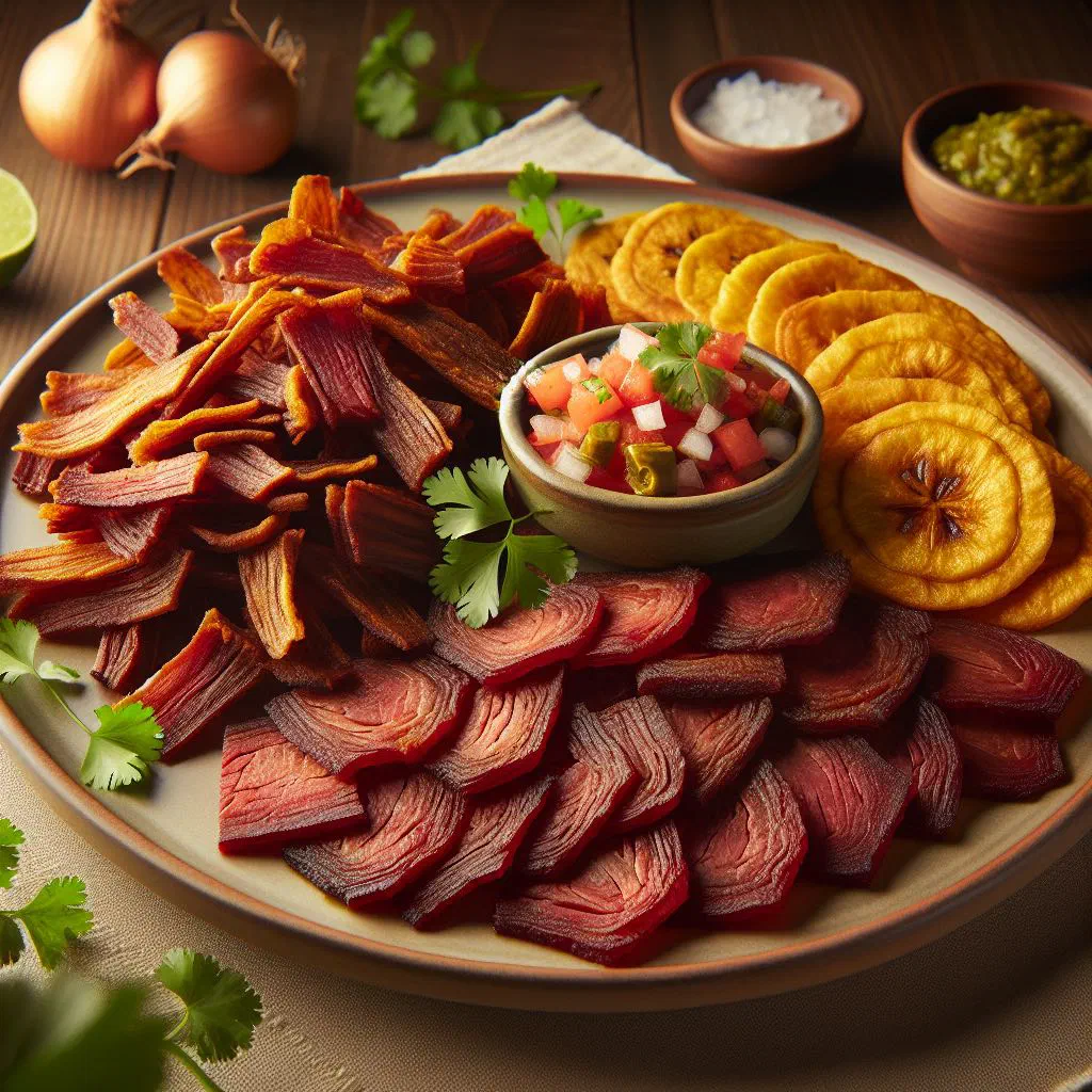 Tender dry-aged beef served with crispy fried green plantain patacones
