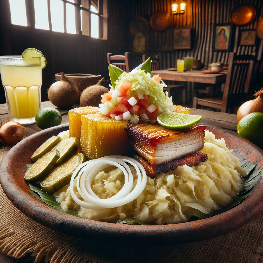 Vigorón with tender pork, boiled yuca and fresh cabbage slaw on a plate