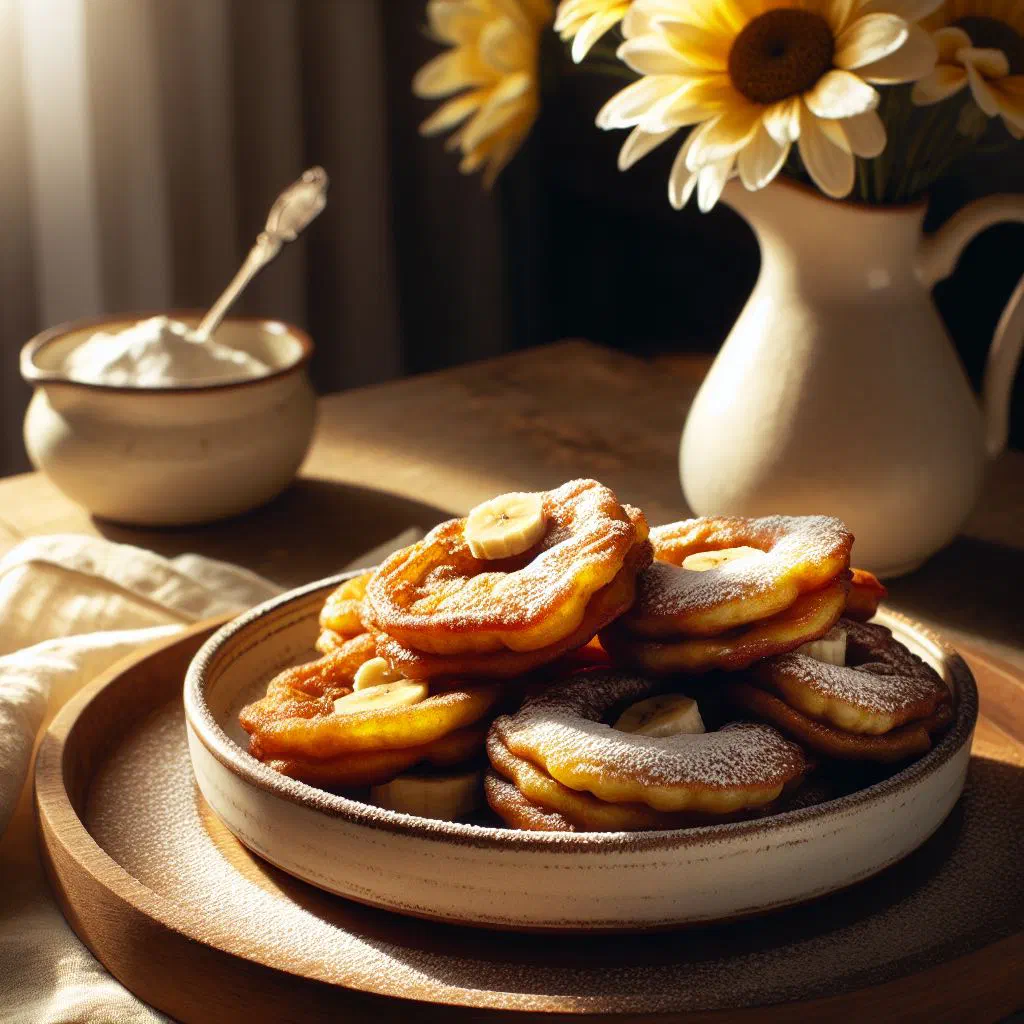 Golden banana fritters piled on a plate and dusted with icing sugar