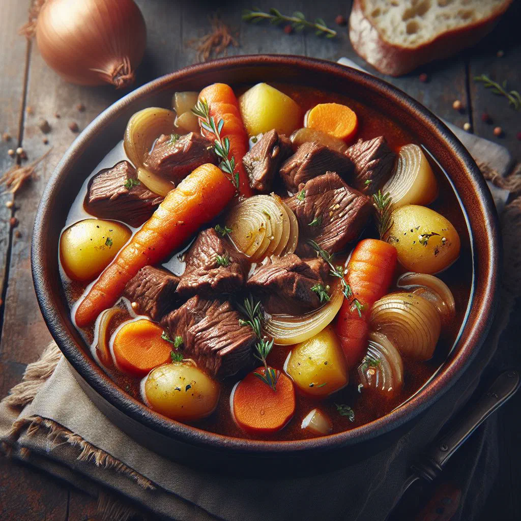 Hearty beef stew with potatoes and carrots in a deep bowl