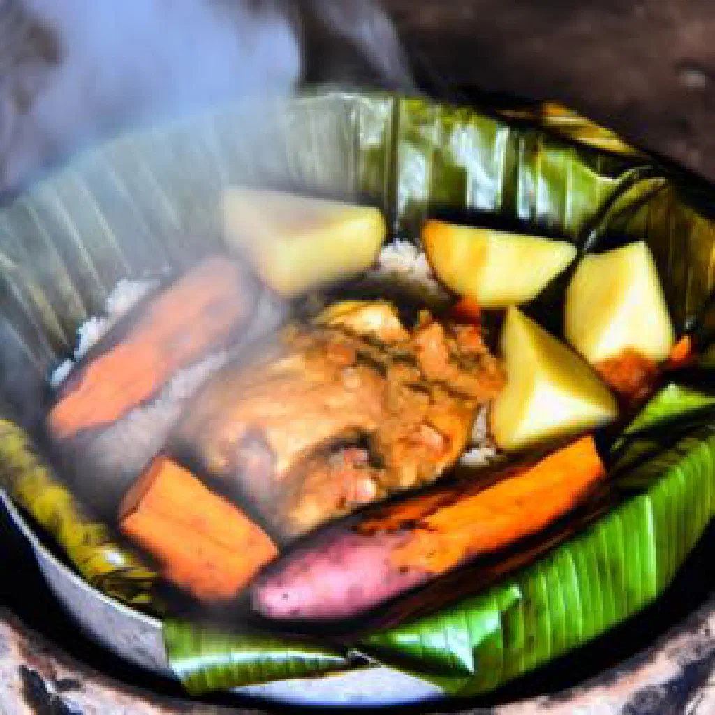 Chicken mumu unwrapped from banana leaves with vegetables and fresh herbs