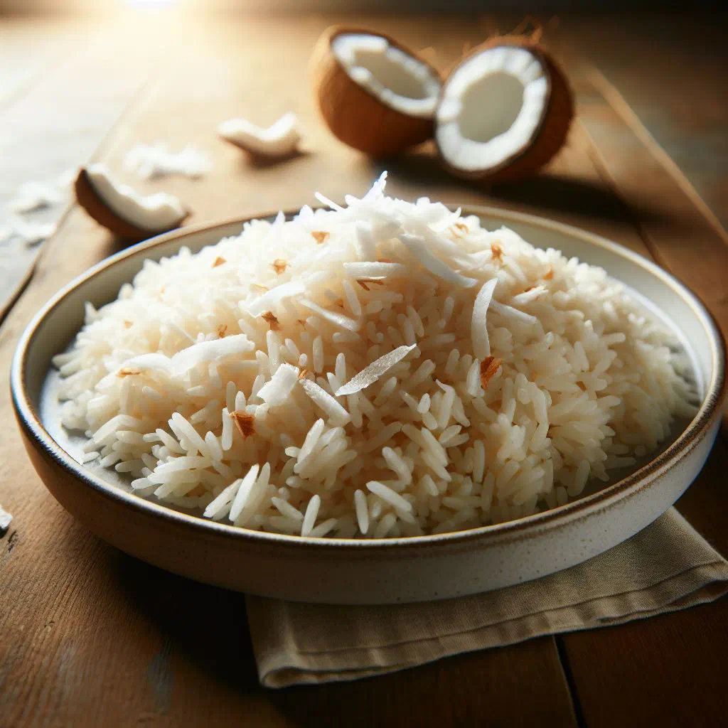 Bowl of creamy coconut rice topped with fresh coconut shavings