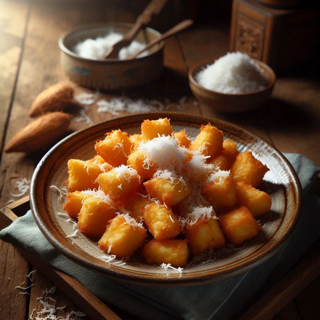 Golden fried cassava cubes tossed with freshly grated coconut