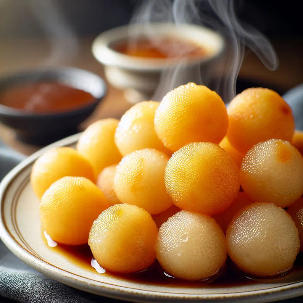 Golden fried tapioca balls piled on a plate with a dipping sauce