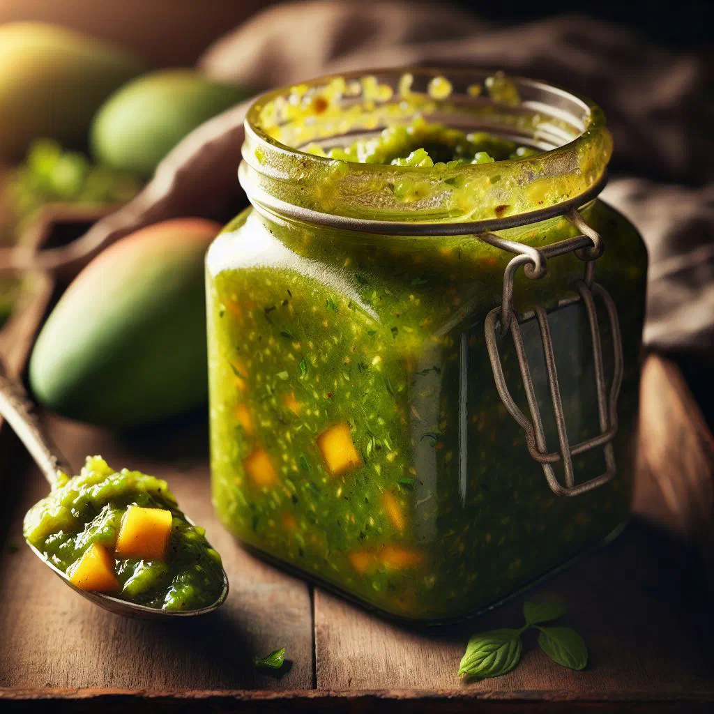 Green mango chutney in a small glass bowl garnished with fresh coriander
