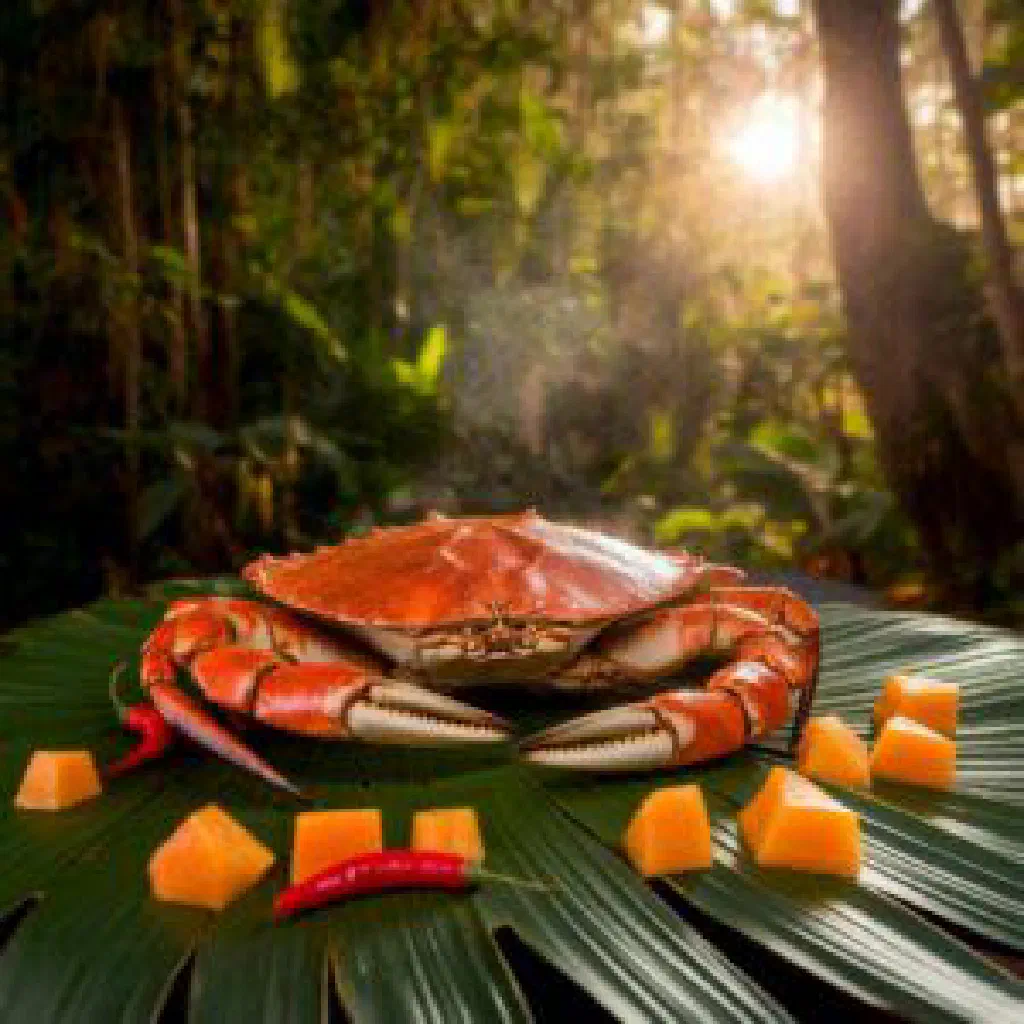 Grilled mud crab garnished with fresh herbs and lemon wedges