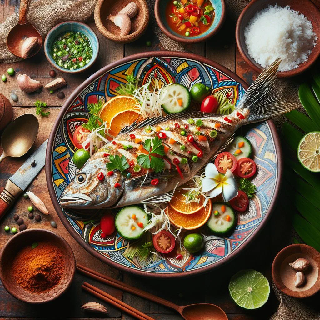 Kokoda raw fish salad in coconut milk with tomato, cucumber and coriander