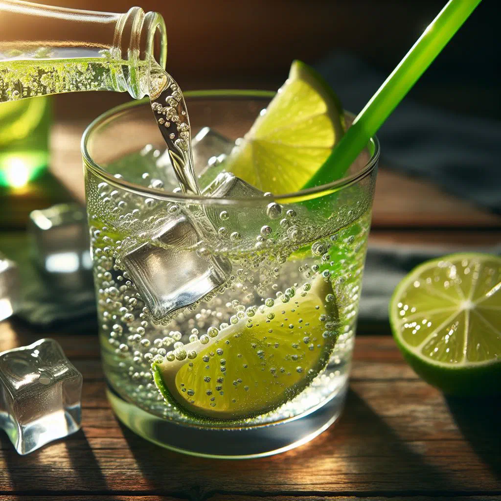 Chilled lime cordial in a tall glass with ice and fresh lime slices