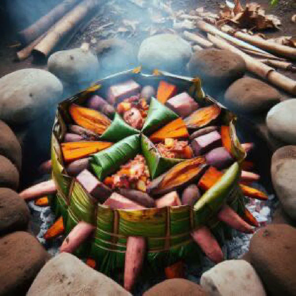 Mumu unwrapped from banana leaves with pork, sweet potato and greens