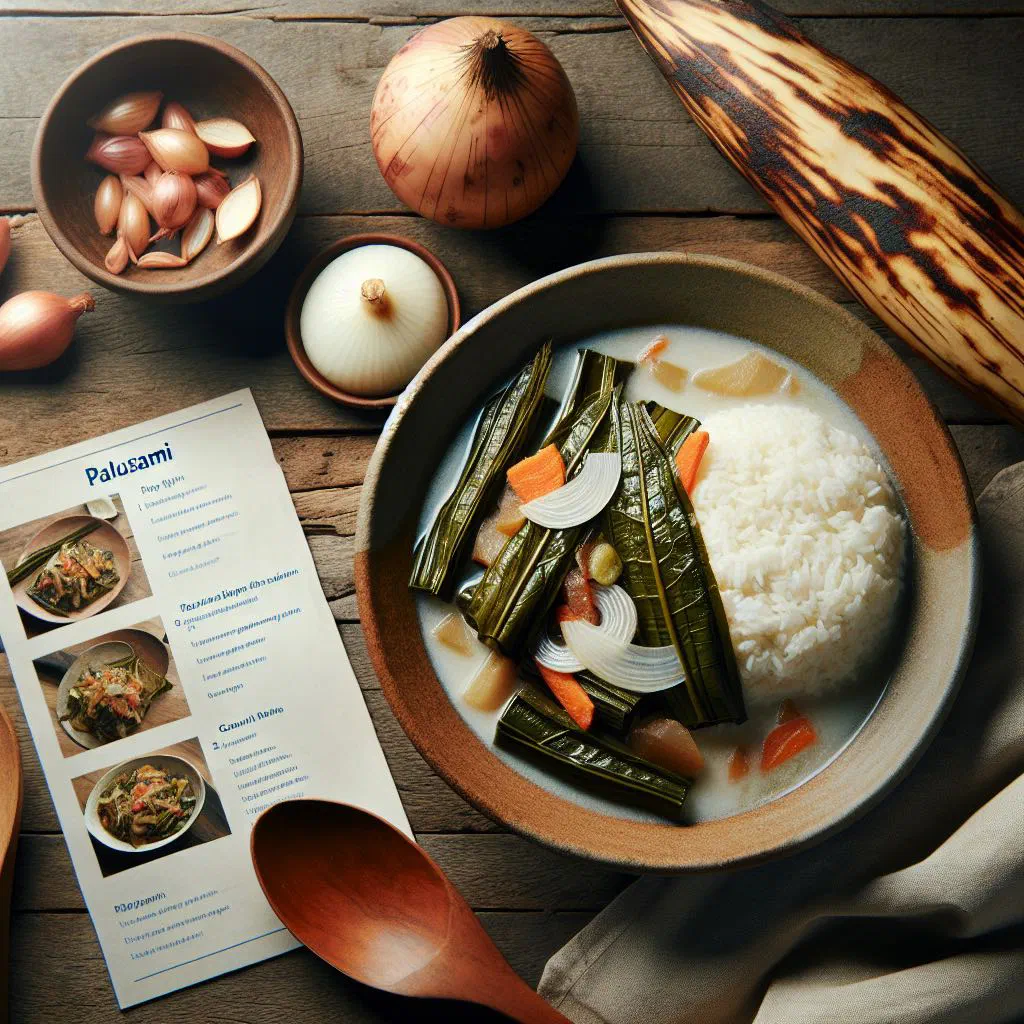 Palusami parcels of taro leaves baked in coconut milk, opened on a banana leaf
