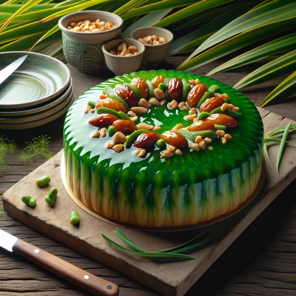 Golden pandanus nut cake sliced on a plate with coconut and tropical fruit