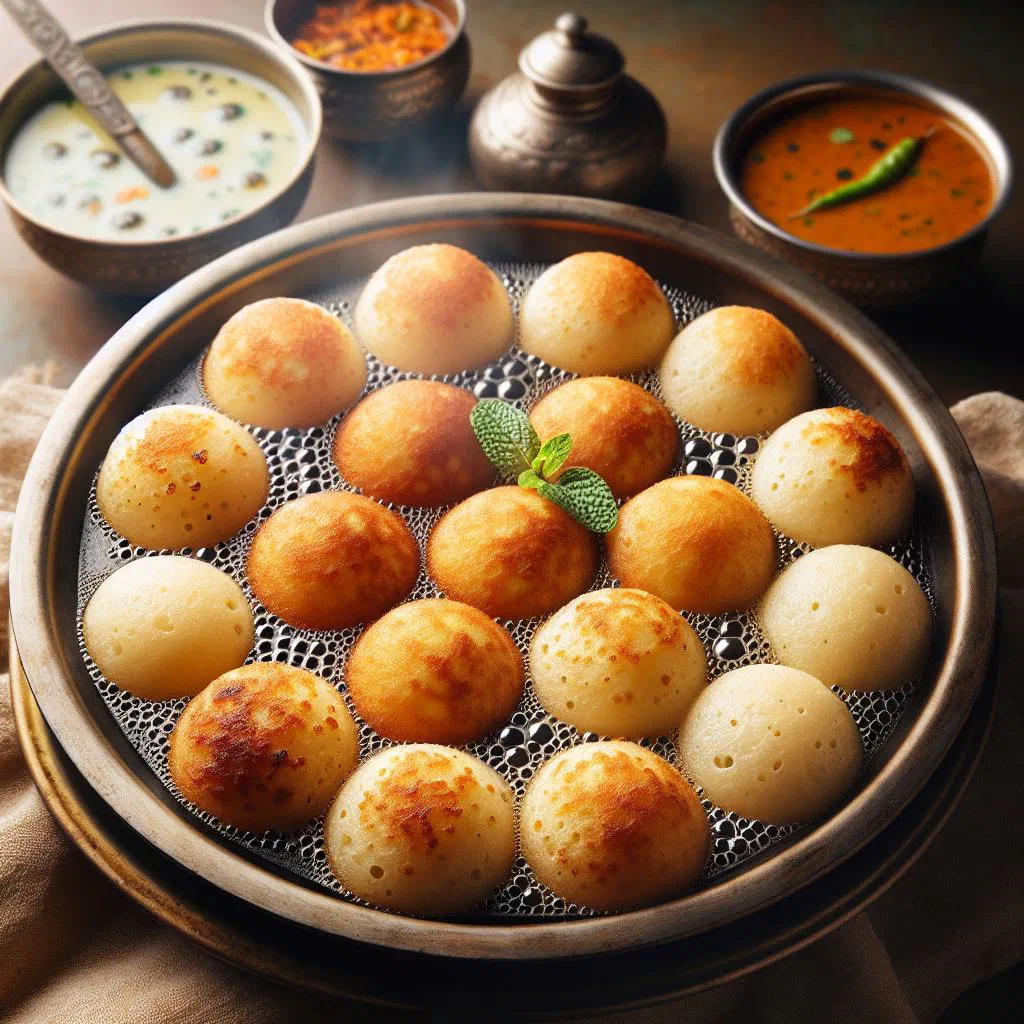 Golden paniyaram balls served with fresh coriander and chutney