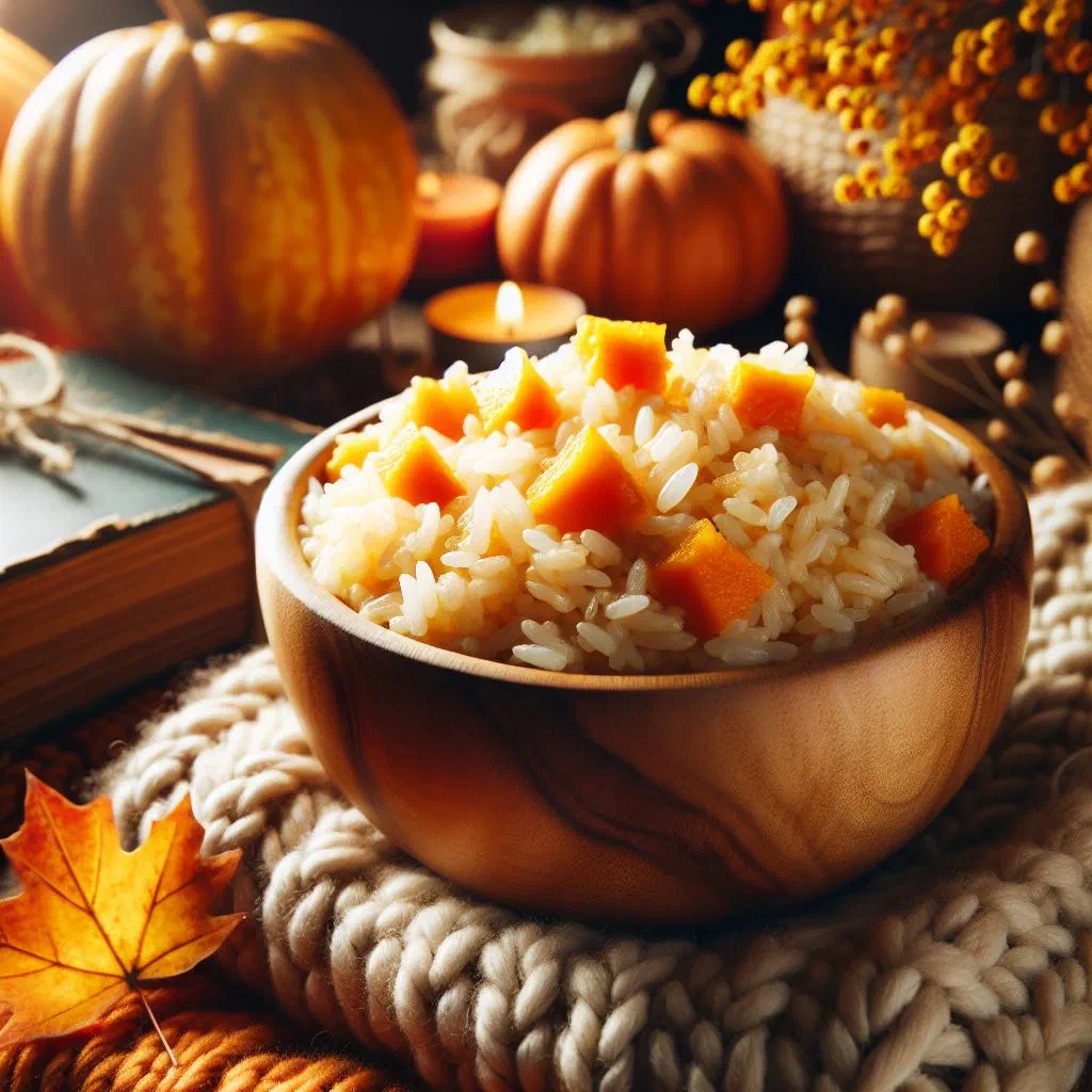 Golden pumpkin rice garnished with fresh herbs in a bowl