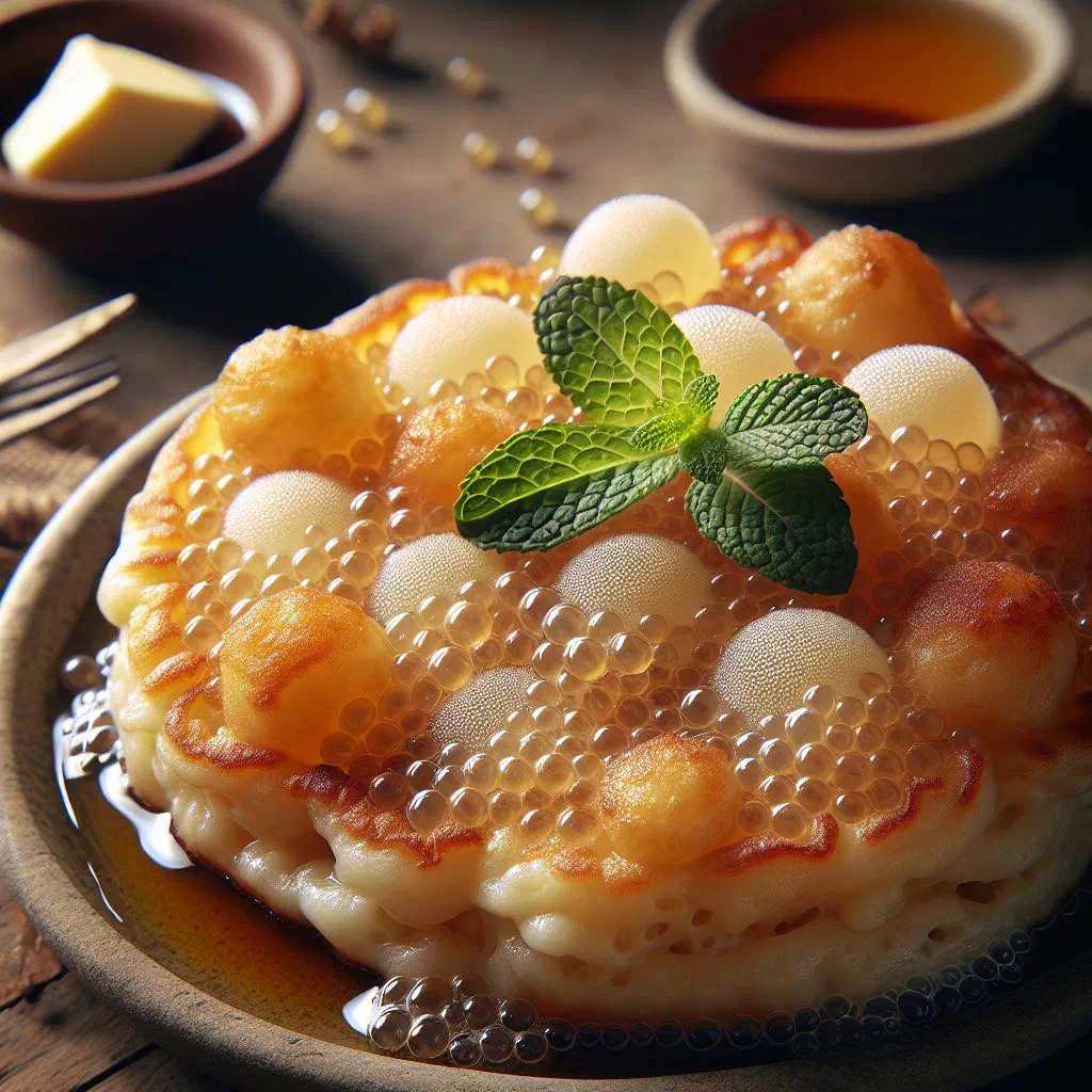 Golden sago pancakes stacked on a plate with fresh fruit and honey