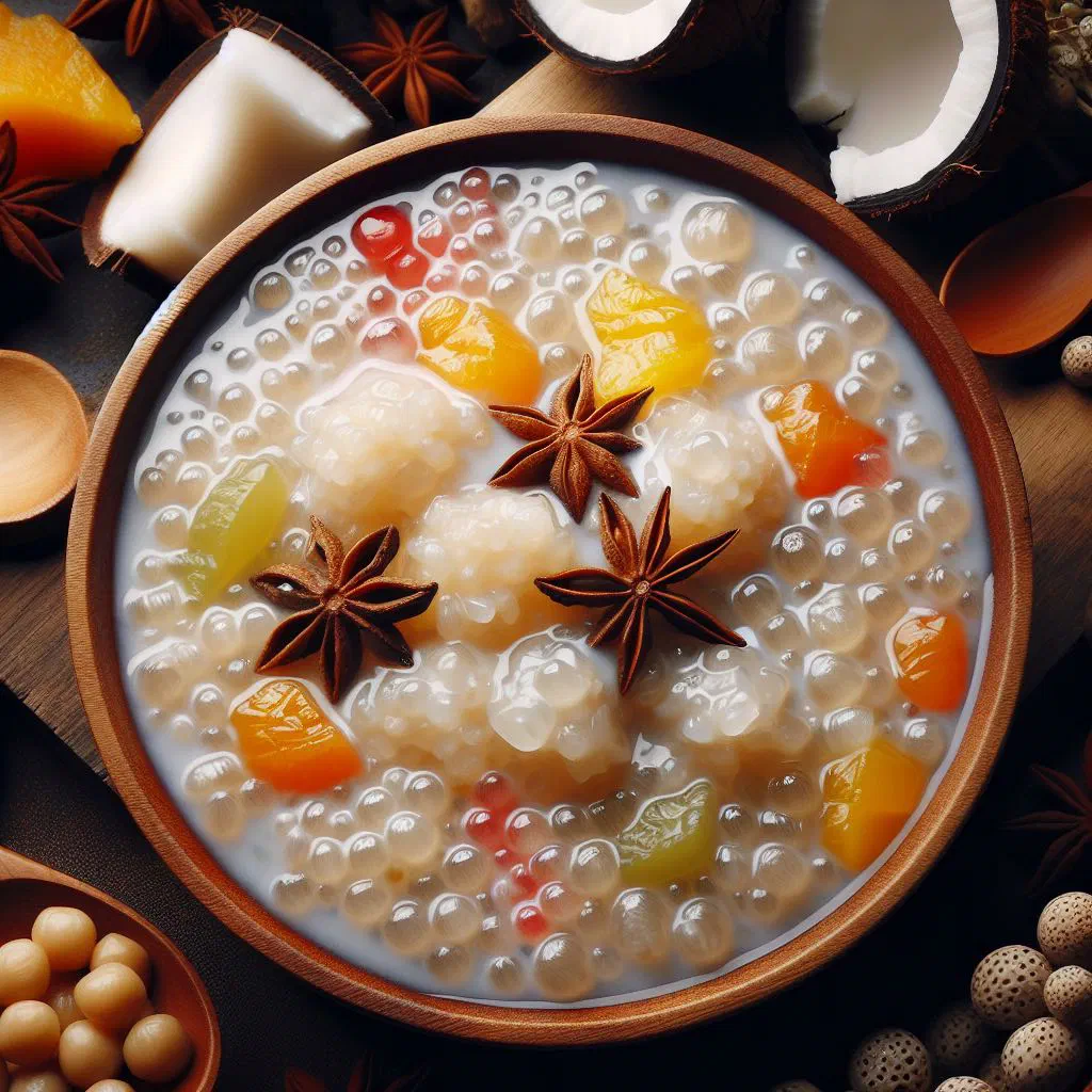 Creamy sago pudding in a glass bowl topped with tropical fruit