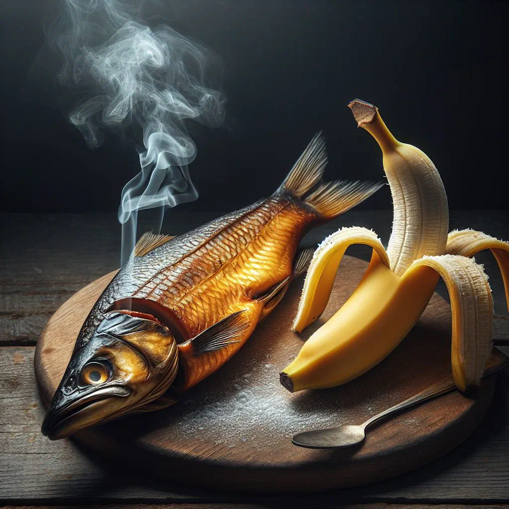 Smoked fish fillets served with warm banana slices and fresh herbs