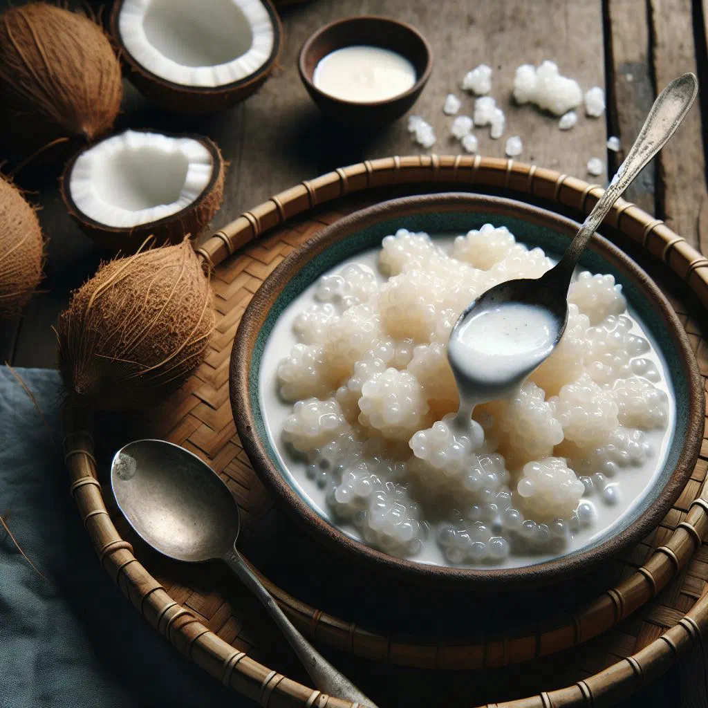 Bowl of steamed tapioca pearls in creamy coconut sauce