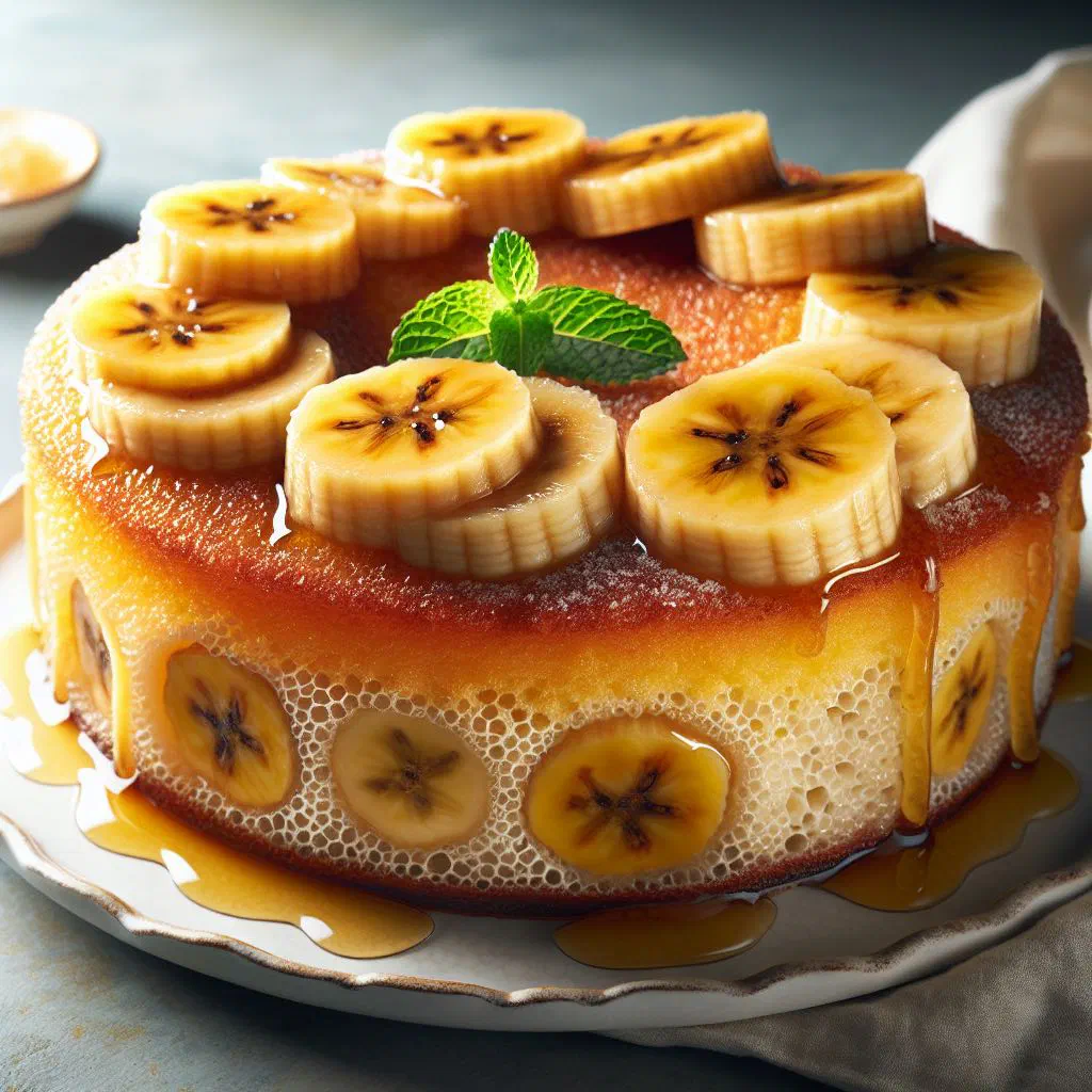Golden baked tapioca and banana cake sliced on a plate