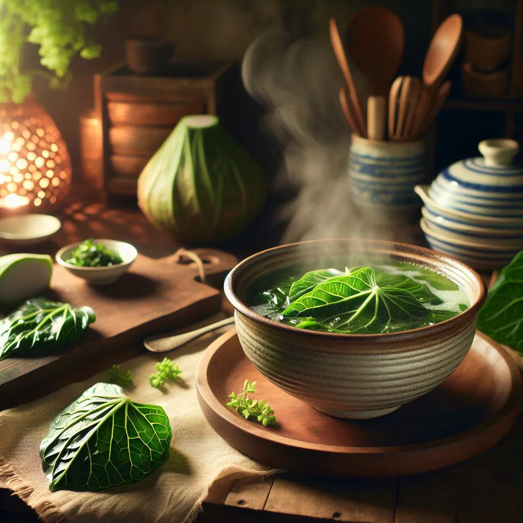Creamy taro leaf soup in coconut milk garnished with fresh herbs and lime