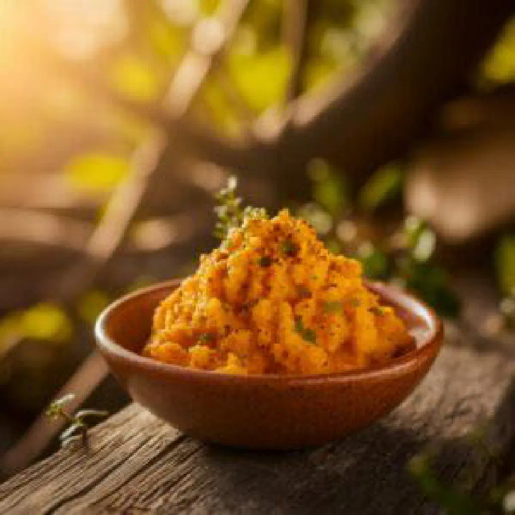 Creamy wild yam mash in a shallow bowl topped with fresh herbs