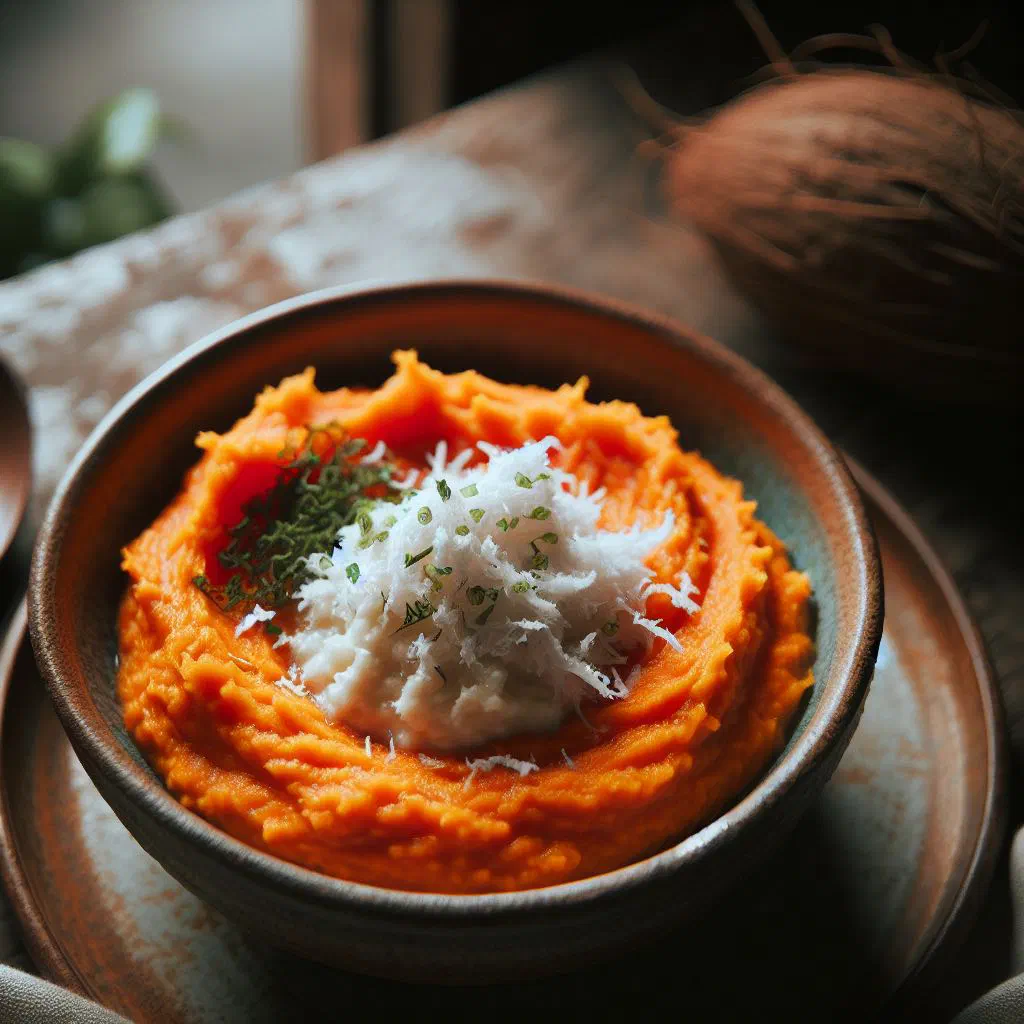 Creamy yam and coconut mash in a bowl topped with fresh herbs