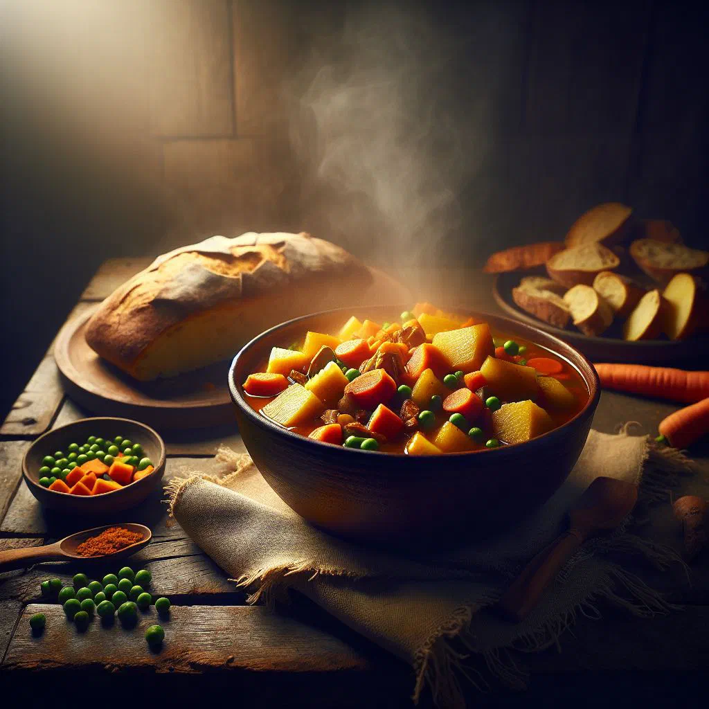 Bowl of hearty yam stew with carrots, peppers and fresh herbs