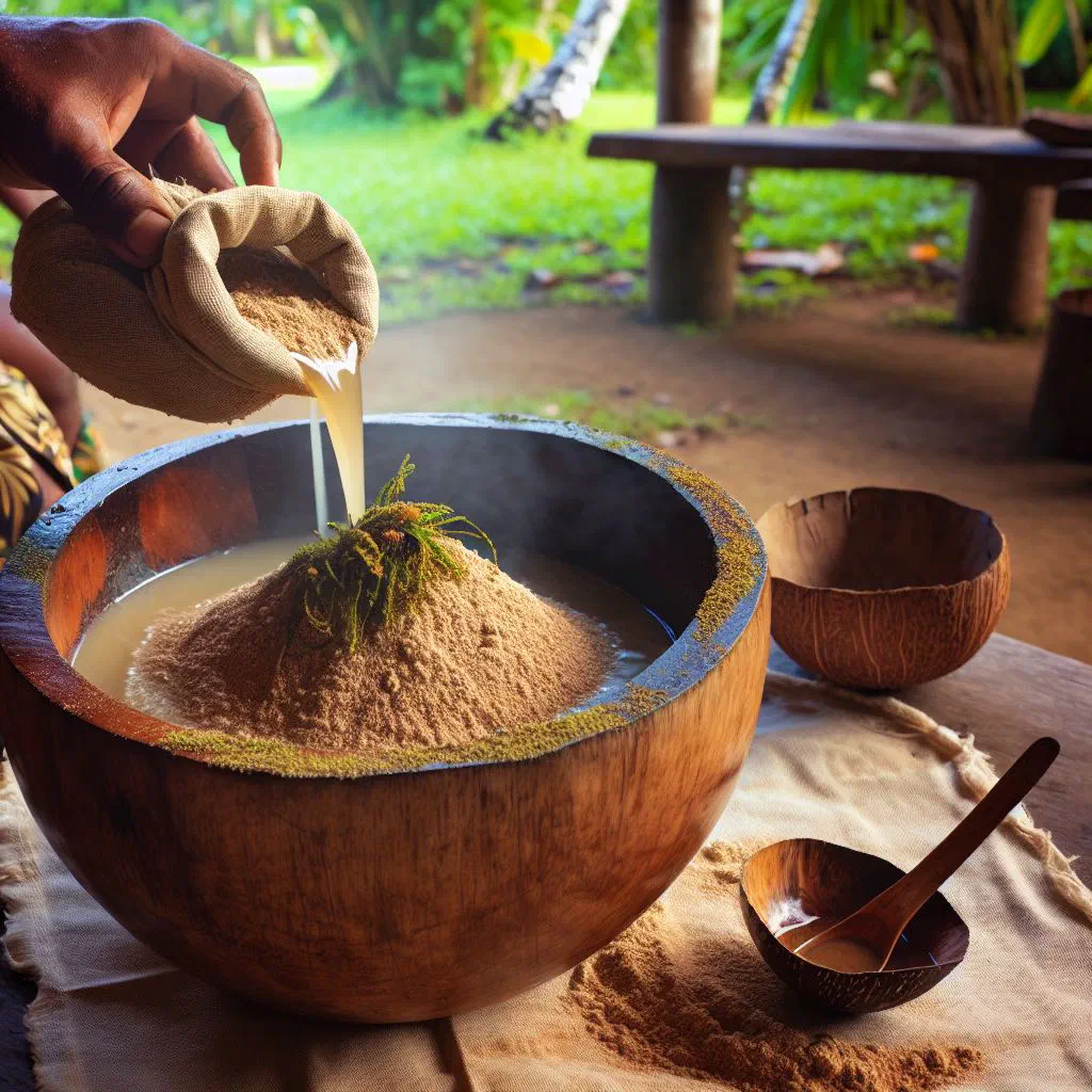 Bowl of milky yaqona kava drink served in a wooden vessel