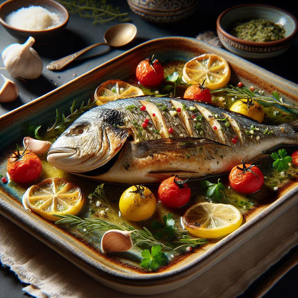 Baked surubí fillet in a tomato and onion marinade, garnished with parsley