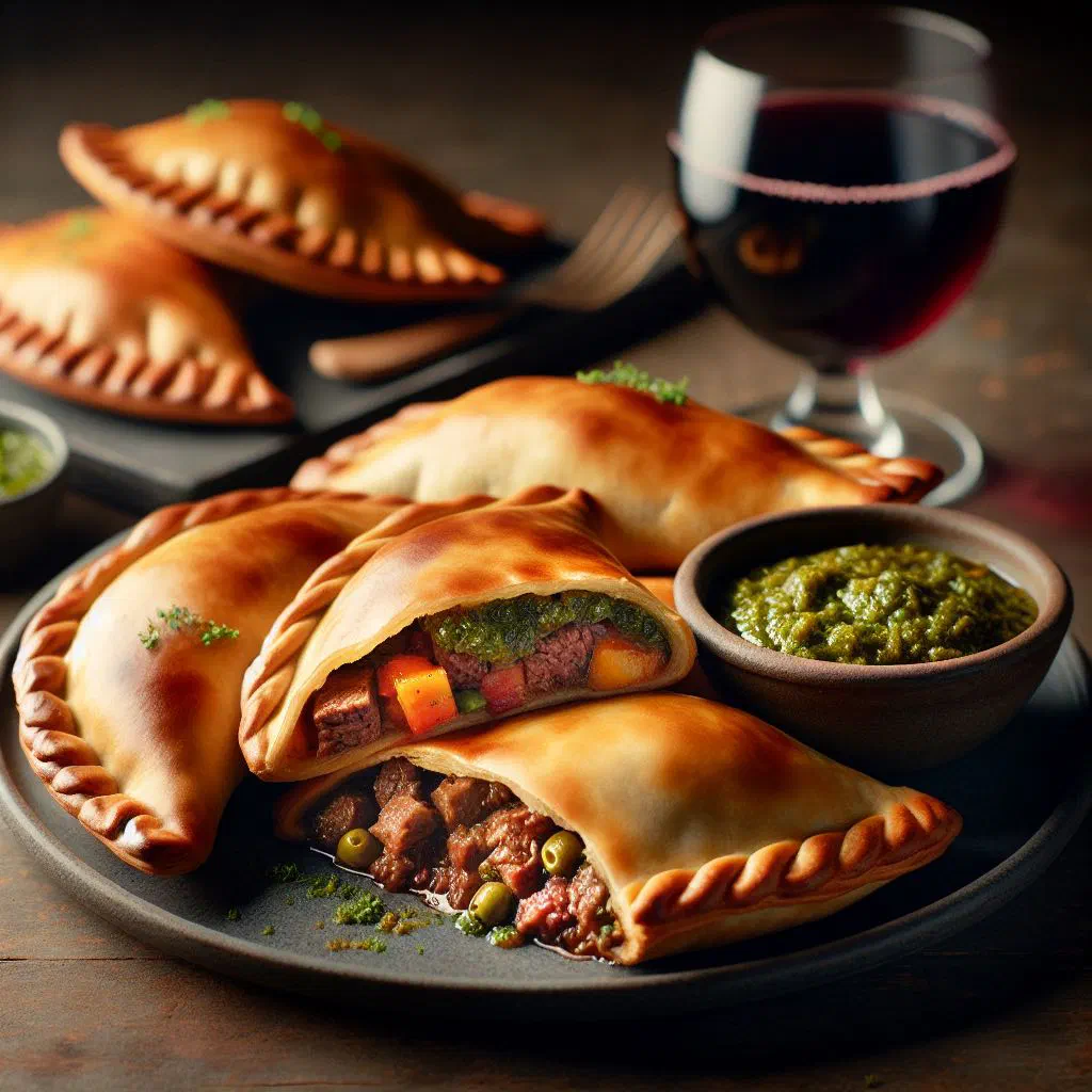 Golden baked beef and vegetable empanadas on a wooden board