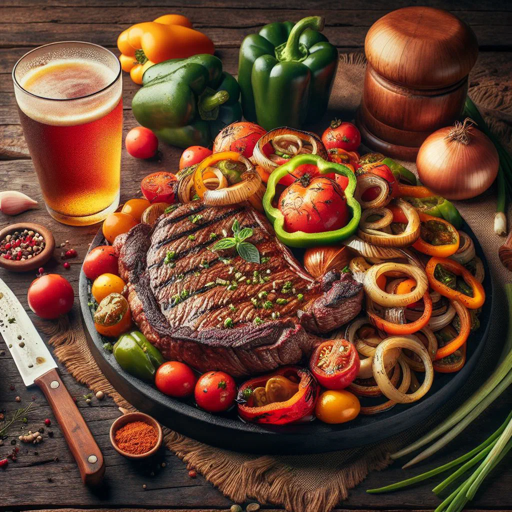 Grilled Bife Koygua steak with fresh herbs and colourful vegetables