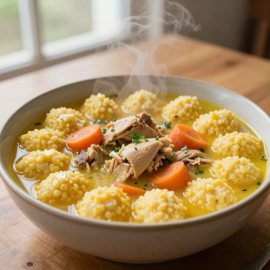 Bowl of bori bori with cornmeal dumplings and chicken in a golden broth