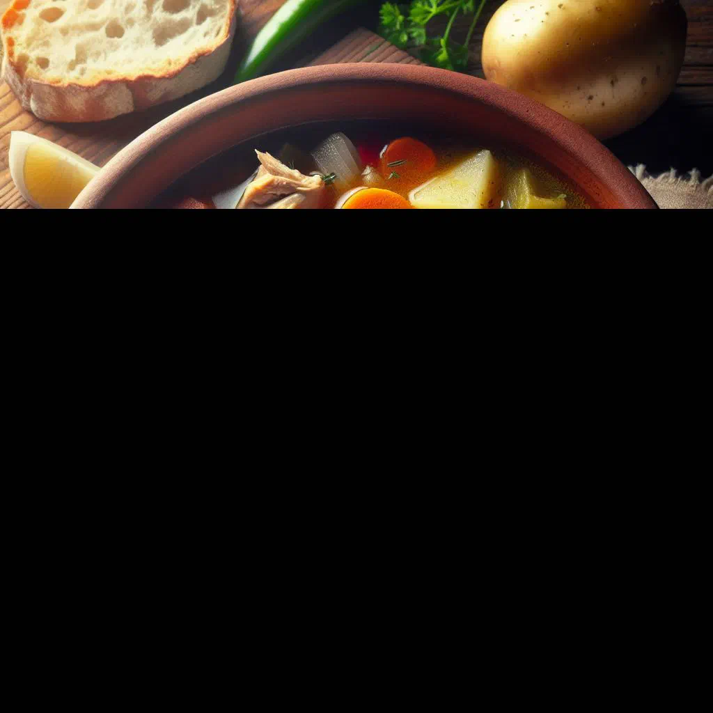 A rustic bowl of Caldo Ava beef and cassava soup garnished with fresh herbs