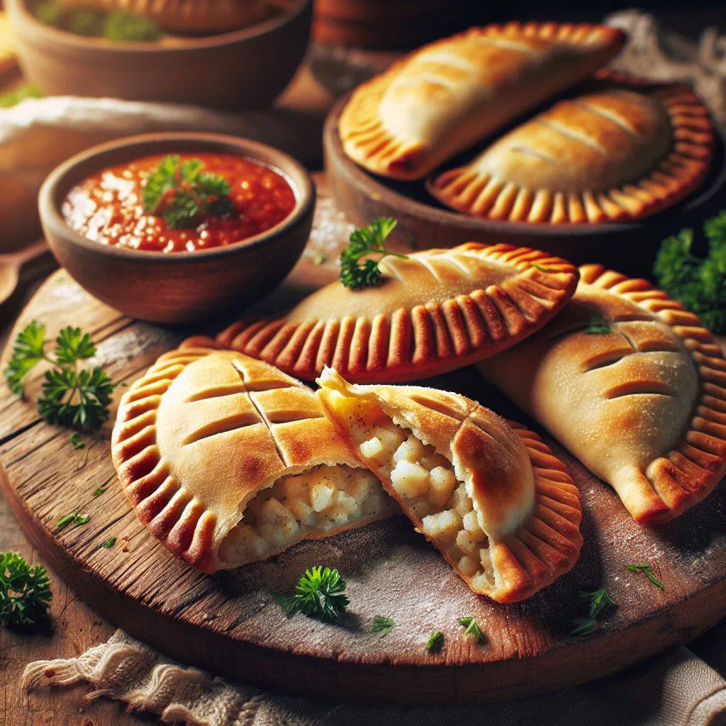 Golden fried cassava empanadas filled with cheese on a plate