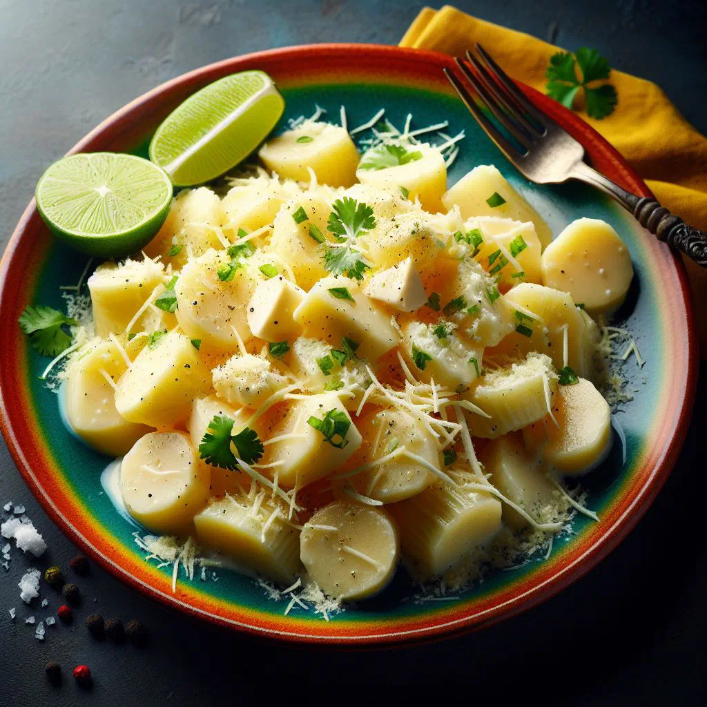 Cassava and cheese salad with tomato, onion and fresh herbs in a bowl