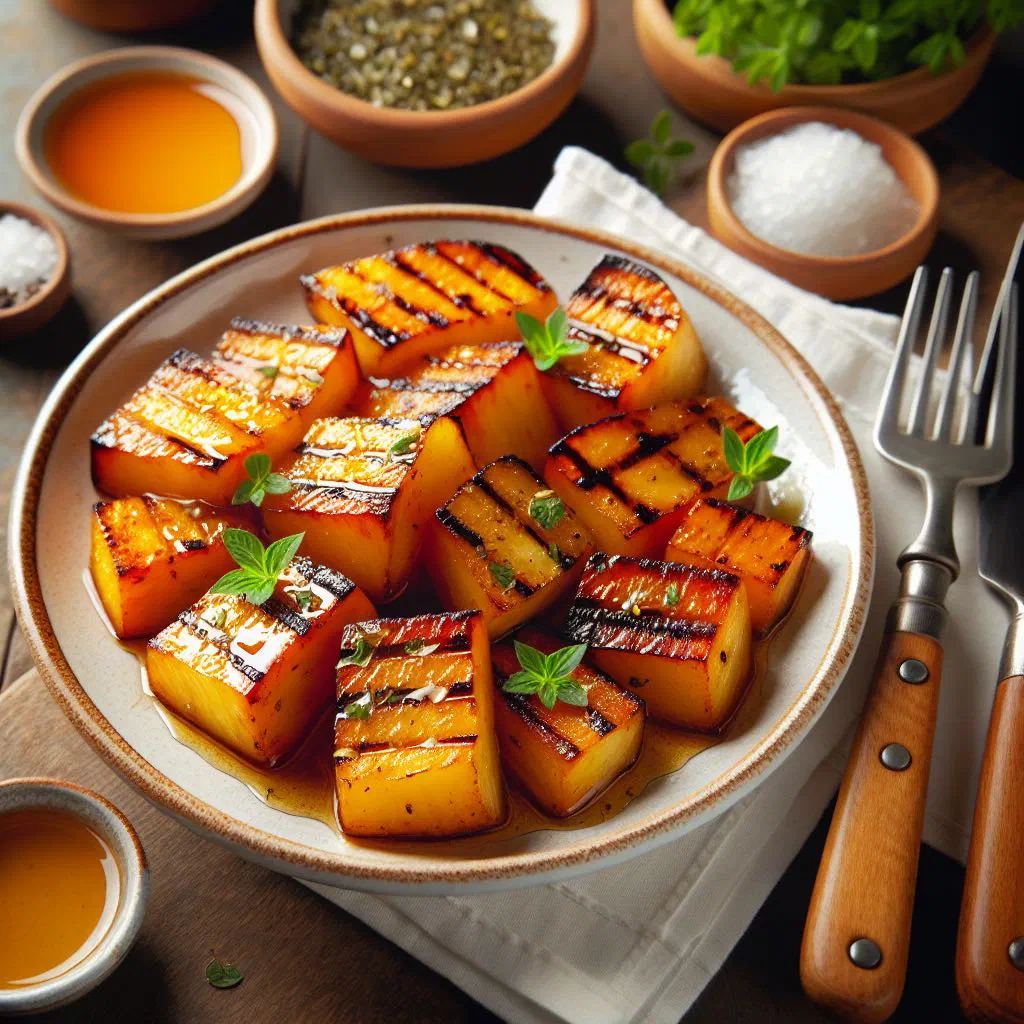 Golden grilled yuca pieces drizzled with honey and fresh lime