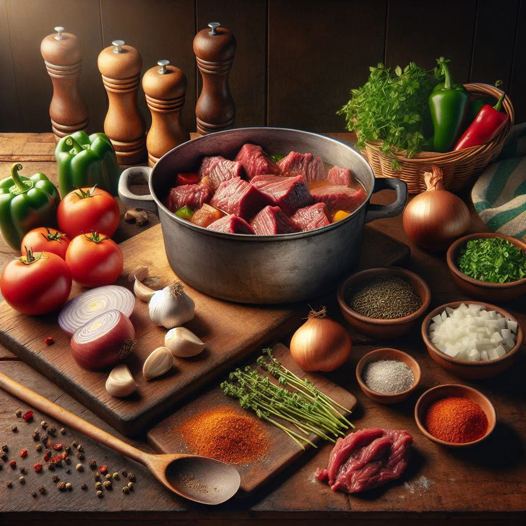 Hearty Paraguayan guiso de carne with beef, carrots and peppers in a rustic bowl