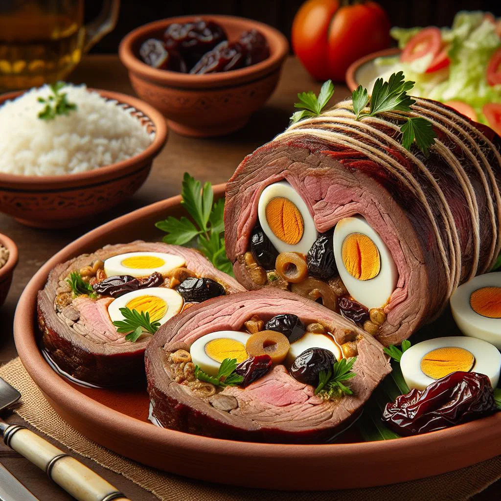Sliced stuffed pork loin with egg and pepper filling on a plate