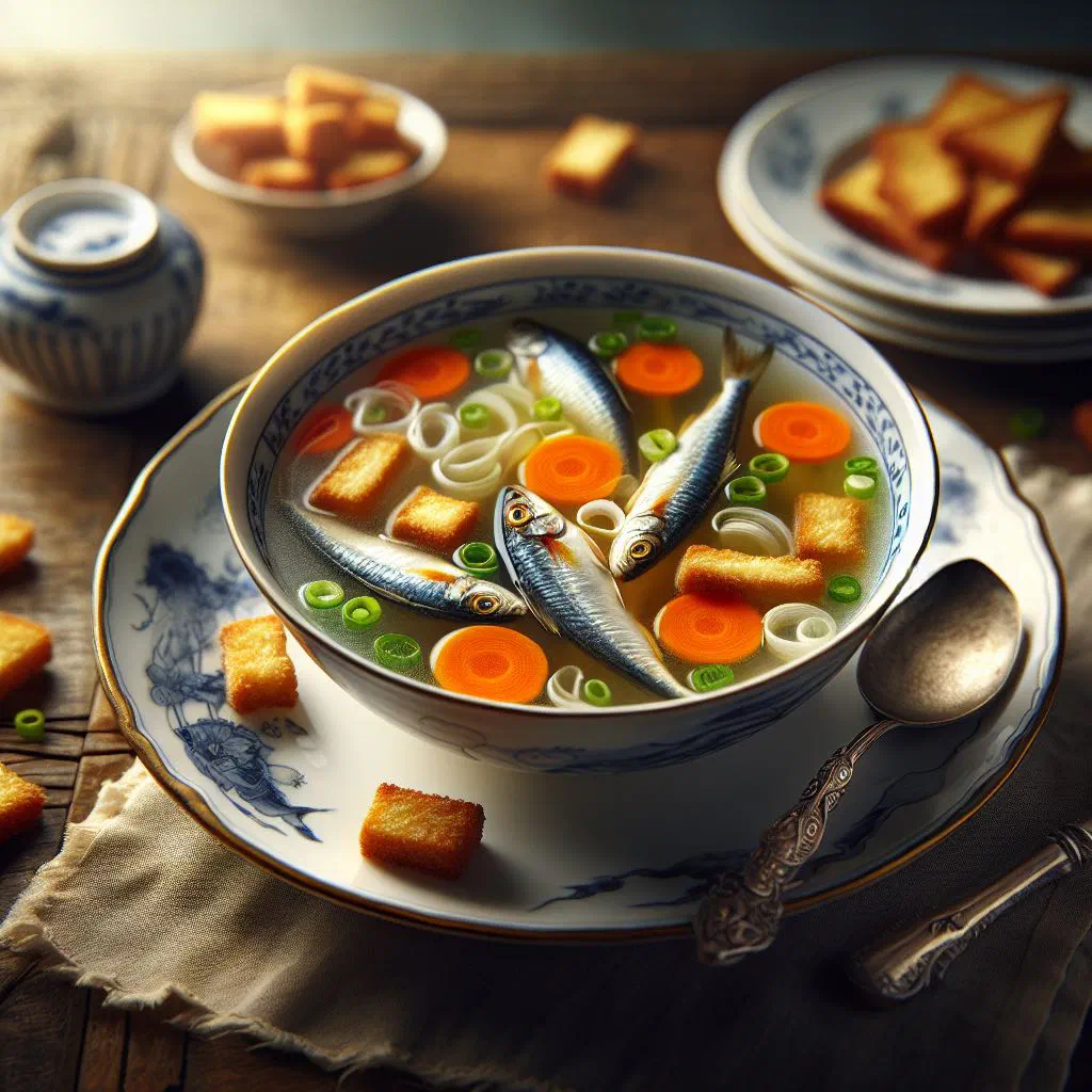 Bowl of Paraguayan lory fish soup with fresh herbs and lime