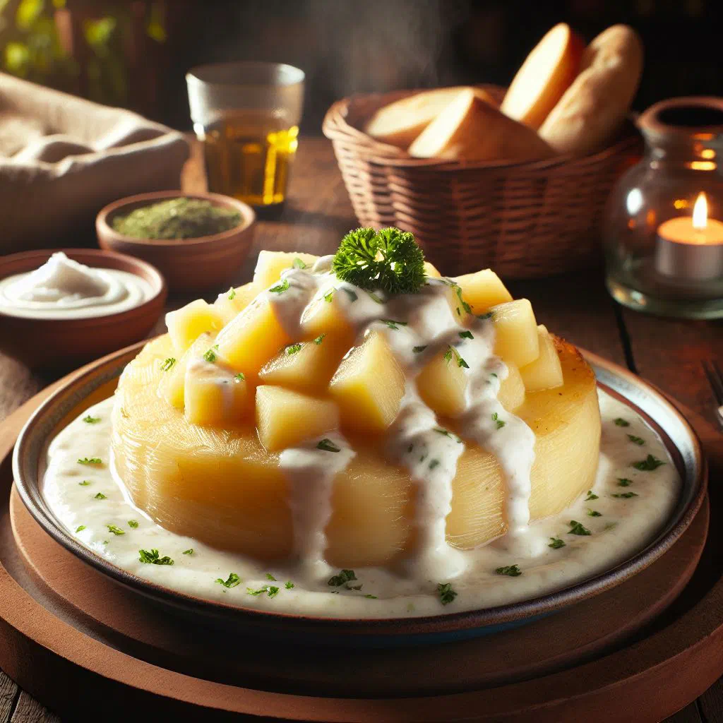 Boiled cassava pieces topped with creamy white sauce and parsley